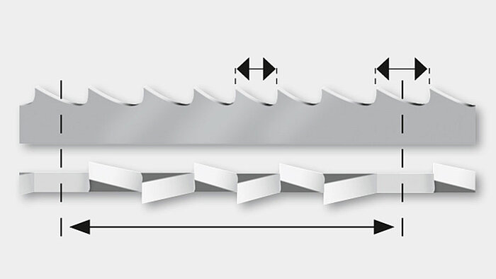 Paso de dientes variable con espacio entre dientes diferente dentro de un intervalo de dentado 